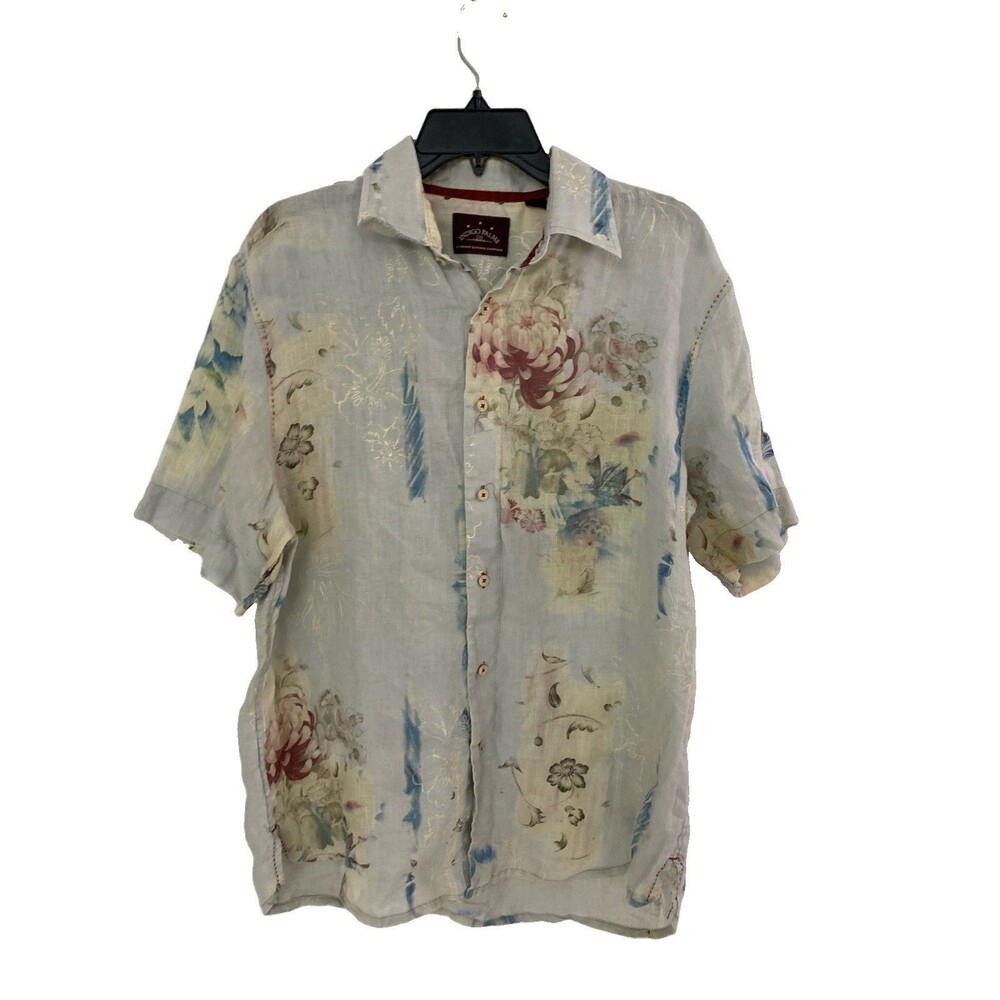 Men's Indigo Palms Hawaiian Shirt Linen Floral Tropical Size Large